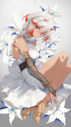 Rule 34 | 1girl, absurdres, bar (place), bare legs, breasts, bridal gauntlets, closed mouth, copyright request, dark-skinned female, dark skin, dress, flower, full body, grey hair, hair between eyes, highres, horns, large breasts, long hair, mole, mole under eye, multicolored hair, pointy ears, red eyes, red hair, sandals, simple background, sleeveless, sleeveless dress, solo, strash, streaked hair, white dress, white flower
