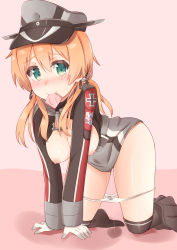 Rule 34 | 10s, 1girl, absurdres, all fours, anchor hair ornament, bad id, bad pixiv id, blonde hair, blush, breasts, condom, condom in mouth, gloves, hair ornament, hat, highres, kantai collection, kapatarou, long hair, medium breasts, military, military uniform, mouth hold, nipples, panties, panty pull, peaked cap, pleated skirt, prinz eugen (kancolle), pussy juice, simple background, skirt, skirt around one leg, solo, twintails, underwear, uniform, white panties