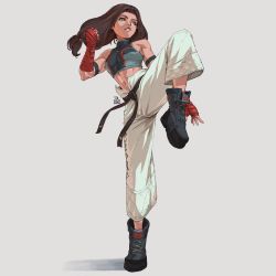 Rule 34 | 1girl, baggy pants, bandaged arm, bandages, belt, black belt, brown hair, clenched hand, crop top, full body, ghondor (xenoblade), green eyes, grey background, highres, josh corpuz, leg up, long hair, low-tied long hair, midriff, pants, signature, sleeveless, toned, xenoblade chronicles (series), xenoblade chronicles 3
