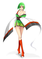 Rule 34 | 1girl, bare shoulders, breasts, cleavage, costume, empty eyes, emukon, green hair, japanese clothes, kimono, large breasts, legs, personification, pokemon, sexual dimorphism, short hair, solo, xatu