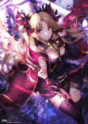 Rule 34 | 1girl, absurdres, artist logo, black dress, black leotard, black thighhighs, blonde hair, blush, breasts, cape, detached sleeves, dress, earrings, ereshkigal (fate), fate/grand order, fate (series), hair ribbon, highres, hip focus, jewelry, kyjsogom, leotard, lightning, long hair, looking at viewer, medium breasts, parted bangs, red cape, red eyes, red ribbon, ribbon, single detached sleeve, skull, solo, thighhighs, thighs, tiara, tohsaka rin, twintails, two side up, watermark, weapon, web address