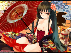Rule 34 | 1girl, 2009, black hair, blunt bangs, breasts, corset, flower, galge.com, hexagon, hime cut, japanese clothes, kimono, letterboxed, long hair, nipples, oil-paper umbrella, shunsei (muratou), small breasts, solo, topless, umbrella, watermark