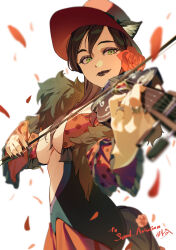 Rule 34 | 1girl, absurdres, animal ears, black hair, black lips, black nails, bow (music), breasts, commission, ears through headwear, flower, fox ears, fox tail, green eyes, hair flower, hair ornament, hat, highres, holding, holding bow (music), holding instrument, holding violin, ibaraki shun, instrument, jewelry, large breasts, long hair, looking at viewer, music, original, petals, playing instrument, ring, skeb commission, solo, tail, violin