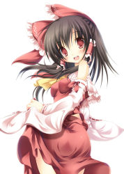 Rule 34 | 1girl, ascot, ass, bare shoulders, bow, breasts, brown hair, clothes lift, detached sleeves, female focus, hair bow, hair ribbon, hair tubes, hakurei reimu, impossible clothes, impossible shirt, japanese clothes, miko, nozomi tsubame, red eyes, ribbon, shirt, sidelocks, simple background, skirt, skirt lift, solo, touhou, white background