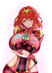 Rule 34 | 1girl, argento03562990, breasts, highres, huge breasts, pyra (xenoblade), red eyes, red hair, simple background, solo, white background, xenoblade chronicles (series), xenoblade chronicles 2