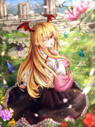 Rule 34 | 1girl, ;), amatchi, animal, animal on lap, bad id, bad pixiv id, blonde hair, blouse, blue sky, bug, butterfly, column, day, flower, full body, grass, head wings, highres, index finger raised, insect, long hair, looking back, on lap, one eye closed, outdoors, pillar, pointy ears, ruins, shadowverse, shirt, sitting, sky, smile, solo, sunlight, tongue, tongue out, vampy, white shirt, wings