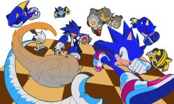 Rule 34 | 6+boys, animal ears, animal nose, chasing, commentary, english commentary, furry, furry male, gloves, male focus, mecha sonic mki (8-bit), mecha sonic mkii, metal sonic, multiple boys, red footwear, robot, running, shoes, simple background, sonic &amp; knuckles, sonic (series), sonic the hedgehog, sonic the hedgehog (classic), spacedawgspace, tail, white background, white gloves