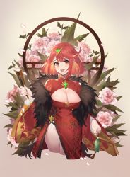 Rule 34 | 1girl, absurdres, breasts, chest jewel, china dress, chinese clothes, cleavage, cleavage cutout, clothing cutout, dress, flower, highres, jewelry, kray. (k-ray), large breasts, pyra (xenoblade), red eyes, short hair, solo, xenoblade chronicles (series), xenoblade chronicles 2