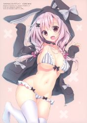 Rule 34 | 1girl, absurdres, animal hood, bikini, black bow, black bowtie, bow, bowtie, braid, breasts, brown background, cleavage, frilled bikini, frills, grey bikini, grey bow, groin, hair bow, hair ornament, hairclip, highres, hood, hood up, hoodie, jewelry, large breasts, leg up, long hair, long sleeves, looking at viewer, lowleg, lowleg bikini, navel, necklace, no shoes, open clothes, open hoodie, open mouth, original, pearl necklace, pink bow, pink eyes, pink hair, pocket, polka dot, polka dot bow, rabbit hood, ryouka (suzuya), scan, skindentation, sleeves past wrists, smile, solo, stomach, striped bikini, striped clothes, swimsuit, thighhighs, twin braids, underboob, white thighhighs