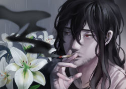 Rule 34 | 1boy, black hair, boku no hero academia, eraser head (boku no hero academia), flower, smoking