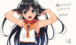 Rule 34 | 1girl, armpits, black eyes, black hair, blouse, blue one-piece swimsuit, character name, dated, headgear, i-400 (kancolle), kantai collection, long hair, looking at viewer, one-piece swimsuit, open mouth, orange sailor collar, oriharaizaya819, sailor collar, sailor shirt, school swimsuit, shirt, signature, simple background, sleeveless, sleeveless shirt, smile, solo, swimsuit, swimsuit under clothes, teeth, upper body, upper teeth only, white background, white shirt