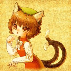 Rule 34 | 1girl, animal ears, bad id, bad pixiv id, brown hair, cat ears, cat girl, cat tail, chen, earrings, female focus, hat, jewelry, multiple tails, short hair, solo, souri, tail, touhou