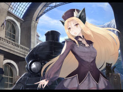 Rule 34 | 1girl, animal, animal ears, blonde hair, cat, cat ears, hat, letterboxed, luggage, open mouth, original, people, slit pupils, solo focus, sts, train, yellow eyes