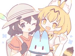 Rule 34 | 2girls, animal ears, backpack, bag, black gloves, black hair, blonde hair, blush, bow, bowtie, elbow gloves, extra ears, feathers, gloves, hat feather, helmet, highres, kaban (kemono friends), kemono friends, looking at viewer, lucky beast (kemono friends), multiple girls, nada namie, one eye closed, open mouth, pith helmet, serval (kemono friends), serval print, shirt, short hair, short sleeves, signature, simple background, sleeveless, tail, traditional bowtie, upper body, white gloves