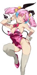 Rule 34 | 1girl, animal ears, bare shoulders, blush, bow, bowtie, breasts, breasts apart, demon tail, detached collar, fake animal ears, foot out of frame, grin, groin, hair intakes, hairband, half-closed eyes, hand on own hip, hand up, head tilt, high heels, highres, horns, kanan-sama wa akumade choroi, leotard, miltie (kanan-sama), multicolored hair, nonco, parted bangs, pink hair, pink leotard, playboy bunny, rabbit ears, raised eyebrows, red footwear, second-party source, simple background, small breasts, smile, solo, streaked hair, tail, thighhighs, twintails, white background, white thighhighs, wrist cuffs