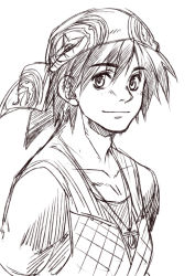 Rule 34 | 1boy, armor, bandana, chainmail, chrono cross, hair between eyes, hat, high contrast, jewelry, lineart, looking at viewer, male focus, monochrome, necklace, serge (chrono cross), shirt, short hair, sketch, smile, solo, t-shirt, upper body, white background, yasunososaku
