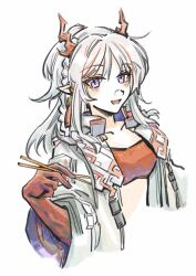 Rule 34 | 1girl, arknights, bandeau, braid, chinese commentary, chopsticks, colored extremities, commentary request, cropped torso, dragon girl, dragon horns, earrings, hand up, highres, holding, holding chopsticks, horns, jacket, jewelry, jiakongshijie566, long hair, looking at viewer, multicolored hair, nian (arknights), open clothes, open jacket, open mouth, pointy ears, purple eyes, red bandeau, red hair, red horns, simple background, smile, solo, strapless, streaked hair, white background, white hair, white jacket