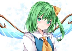 Rule 34 | 1girl, ascot, bad id, bad pixiv id, blue dress, blush, bow, breasts, closed mouth, collared shirt, commentary request, daiyousei, dress, fairy wings, green eyes, green hair, hair bow, head tilt, looking at viewer, medium hair, nanase nao, one side up, puffy sleeves, shirt, simple background, small breasts, smile, snowflake background, solo, touhou, upper body, white background, wings, yellow ascot, yellow bow