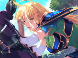 Rule 34 | 1girl, angelica rothschild, armor, blonde hair, blush, breasts, censored, cloud, cum, cum on hair, elbow gloves, elf, facial, game cg, gloves, grabbing another&#039;s hair, green eyes, himekishi angelica, ishigaki takashi, large breasts, long hair, open mouth, penis, pointy ears, saliva, shoulder pads, sky, squatting, standing, tree