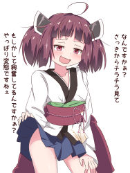 Rule 34 | 1girl, ahoge, blue skirt, blunt bangs, blush, breasts, brown hair, clothes lift, collarbone, cowboy shot, female focus, hand up, happy, headgear, highres, japanese clothes, japanese text, kimono, kuno (kc9s), lifted by self, long sleeves, looking at viewer, miniskirt, no panties, obi, open mouth, pink eyes, pleated skirt, raised eyebrow, sash, shiny skin, short hair, simple background, skirt, skirt lift, small breasts, smile, smug, solo, standing, talking, text focus, touhoku kiritan, translation request, voiceroid, white background, white kimono