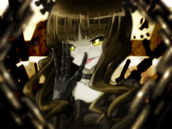 Rule 34 | 10s, 1girl, artist request, ashuho, bad id, bad pixiv id, black hair, black rock shooter, blunt bangs, blurry, chain, choker, close-up, collar, collarbone, dead master, depth of field, glowing, glowing eyes, licking, licking finger, looking at viewer, solo, tongue, yellow eyes