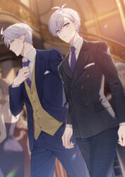 Rule 34 | 2girls, 3boys, adjusting clothes, adjusting necktie, aiue o eiua, arms at sides, black suit, blue suit, blurry, blurry background, commentary request, cowboy shot, father and son, formal, frown, highres, idolish7, indoors, jacket, looking to the side, male focus, multiple boys, multiple girls, necktie, osaka soshi, osaka sougo, pants, plaid, plaid jacket, plaid pants, pocket square, purple eyes, purple hair, purple necktie, short hair, stairs, suit, vest, yellow vest