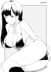 Rule 34 | 1girl, ass, bikini, blush, breasts, cleavage, closed mouth, covering privates, covering ass, greyscale, kichihachi, kneehighs, large breasts, long hair, looking at viewer, loose neckwear, lying, monochrome, neck ribbon, o-ring, o-ring bikini, on side, original, outside border, ribbon, simple background, smile, socks, solo, straight hair, swimsuit, twitter username