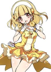 Rule 34 | 10s, 1girl, :d, bad id, bad pixiv id, blonde hair, bow, bowtie, brown eyes, choker, cure peace, dress, earrings, eyelashes, hairband, jewelry, kise yayoi, magical girl, open mouth, own hands together, precure, short hair, sketch, skirt, smile, smile precure!, solo, thigh gap, thighs, white background, white hairband, yellow bow, yellow bowtie, yellow dress, yellow skirt, yellow theme, yukiwo