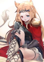 Rule 34 | 1girl, :d, animal ears, archetto (arknights), arknights, artist name, black corset, black dress, blonde hair, blue eyes, boots, breasts, cape, commentary, corset, cross-laced footwear, dress, fang, gloves, hand on own knee, hand on own thigh, heterochromia, highres, knee up, lace-up boots, long hair, looking at viewer, medium breasts, nokke o, open mouth, red cape, red eyes, sitting, skin fang, smile, thigh strap, white background, white footwear, wrist guards