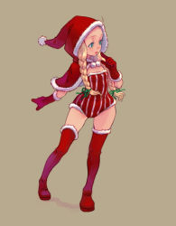 Rule 34 | 1girl, ahoge, braid, christmas, elbow gloves, gloves, hood, red gloves, santa costume, simple background, solo, thighhighs, twin braids, weno