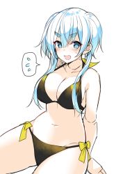 Rule 34 | 1girl, :d, arms behind back, bad id, bad twitter id, bikini, black bikini, blue eyes, blue hair, blush, bow, bow bikini, breasts, cleavage, flying sweatdrops, hair between eyes, halterneck, highres, large breasts, looking at viewer, navel, open mouth, original, short hair with long locks, simple background, sitting, smile, solo, suruga (xsurugax), sweatdrop, swimsuit, thick eyebrows, white background, yellow bow