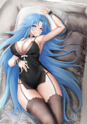 Rule 34 | 1girl, absurdres, arm up, armpits, azur lane, babydoll, bare shoulders, black babydoll, black choker, black thighhighs, blue eyes, blue hair, blush, breasts, choker, cleavage, collarbone, commentary request, couch, covered navel, cowboy shot, from above, garter straps, hair between eyes, heart, heart-shaped pupils, highres, large breasts, long hair, looking at viewer, lying, mippei, official alternate costume, on back, parted bangs, parted lips, partial commentary, pillow, shadow, sidelocks, sleepwear, smile, solo, sovetskaya belorussiya (azur lane), sovetskaya belorussiya (relaxation stratagem) (azur lane), symbol-shaped pupils, thick thighs, thighhighs, thighs, very long hair, wrist wrap