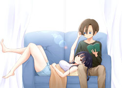 Rule 34 | 1boy, 1girl, absurdres, bare arms, bare shoulders, barefoot, blue eyes, blue hair, blue shorts, boku no kokoro no yabai yatsu, book, breasts, brown eyes, brown hair, brown pants, closed mouth, collarbone, couch, dark blue hair, feet, full body, green shirt, hair between eyes, hand in another&#039;s hair, hetero, highres, holding, holding book, ichikawa kyoutarou, indoors, lap pillow, long hair, looking at another, lying, medium breasts, on back, on couch, pants, ringed eyes, sacra (sacrabokuyaba), shirt, short hair, shorts, sitting, thighs, under covers, white shirt, window, yamada anna