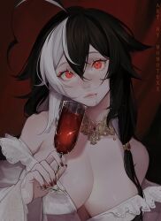 Rule 34 | 1girl, absurdres, ahoge, artist name, bare shoulders, black hair, blush, breasts, closed mouth, collarbone, commentary, cup, dress, drinking glass, hair between eyes, hair ornament, highres, holding, holding cup, indie virtual youtuber, jewelry, light smile, lips, looking at viewer, medium breasts, momote, momote (vtuber), multicolored hair, necklace, red background, red eyes, red nails, simple background, solo, streaked hair, symbol-only commentary, two-tone hair, upper body, virtual youtuber, white dress, white hair, wine glass