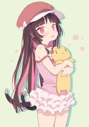 Rule 34 | 1girl, :d, bakemonogatari, bare shoulders, blade (galaxist), brown hair, brown hat, cabbie hat, camisole, cat tail, collarbone, commentary request, cosplay, fang, green background, hat, highres, hugging object, layered skirt, long hair, monogatari (series), multicolored hair, multiple tails, nekoyama nae, open mouth, pink camisole, pink hair, pleated skirt, red eyes, sengoku nadeko, sengoku nadeko (cosplay), short eyebrows, simple background, skirt, smile, solo, standing, strap slip, stuffed animal, stuffed cat, stuffed toy, tail, thick eyebrows, toranoana, two-tone hair, two tails, very long hair, virtual youtuber, white skirt