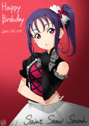 Rule 34 | 1girl, 2020, absurdres, birthday, black gloves, breasts, character name, commentary request, dated, elbow gloves, english text, gloves, group name, happy birthday, highres, kazuno sarah, long hair, looking at viewer, love live!, love live! sunshine!!, medium breasts, murota yuuhei, official art, pink eyes, purple hair, saint snow, self control!!, shiny skin, short sleeves, side ponytail, sidelocks, single glove, single sleeve, solo, upper body