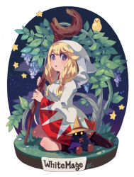 Rule 34 | 1girl, :o, animal, bf. (sogogiching), bird, blonde hair, blush, boots, breasts, brown footwear, brown hat, character doll, cloak, final fantasy, final fantasy tactics, food, fruit, full body, grapes, hat, holding, holding staff, hood, hood up, knee boots, kneeling, long sleeves, looking at viewer, medium breasts, open mouth, outdoors, purple eyes, smoke, solid circle eyes, solo, staff, star (symbol), tareme, white mage, white mage (fft), white mage (final fantasy), wide sleeves, wizard hat, yellow eyes