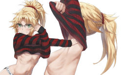 Rule 34 | 1girl, armpits, arms up, bad id, bad twitter id, black sweater, blonde hair, blush, braid, breasts, cropped sweater, fate/apocrypha, fate (series), french braid, glasses, green eyes, grin, hair ornament, hair scrunchie, highres, long hair, long sleeves, looking at viewer, mordred (fate), mordred (fate/apocrypha), multiple views, navel, parted bangs, ponytail, red sweater, scrunchie, sidelocks, small breasts, smile, striped clothes, striped sweater, sweater, tonee, undressing