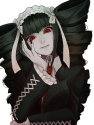 Rule 34 | 1girl, black hair, bonnet, celestia ludenberg, claw ring, danganronpa: trigger happy havoc, danganronpa (series), drill hair, frills, gothic lolita, grey background, hair ornament, highres, jacket, jewelry, lolita fashion, long hair, long sleeves, looking at viewer, nail polish, necktie, red eyes, red necktie, simple background, smile, solo, tekase (hmus162), twin drills, twintails, upper body