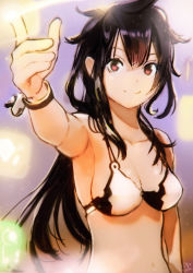 Rule 34 | 1girl, absurdres, bikini, blurry, blurry background, bracelet, breasts, glowing, hair between eyes, highres, jewelry, long hair, looking at viewer, medium breasts, okuto, original, outstretched arm, pointing, red eyes, smile, solo, swimsuit, upper body, white bikini