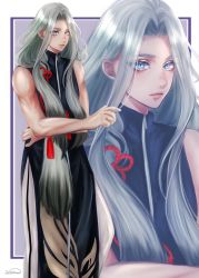 Rule 34 | 1boy, absurdres, bad id, bad twitter id, black hair, blue eyes, closed mouth, clothing request, colored tips, crossed arms, earrings, facing away, grey hair, highres, himetsuru ichimonji, jewelry, long hair, looking at viewer, male focus, multicolored hair, muscular, muscular male, shirt, sleeveless, sleeveless shirt, solo, touken ranbu, white background, zasikirou