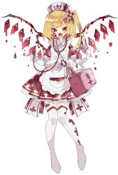 Rule 34 | 1girl, adapted costume, apron, argyle, argyle clothes, argyle dress, back bow, bag, bandaid, bandaid hair ornament, bandaid on face, bandaid on leg, between fingers, blonde hair, blood, blush, boots, bow, commentary request, cross, crystal, dress, dripping, elbow gloves, fang, flandre scarlet, full body, gloves, hair ornament, hat, highres, holding, long hair, looking at viewer, nikorashi-ka, nurse cap, open mouth, pink dress, pink hat, red cross, red eyes, scalpel, short sleeves, shoulder bag, side ponytail, simple background, skin fang, solo, stethoscope, thigh boots, thighhighs, touhou, white background, white bow, white footwear, white gloves, wings