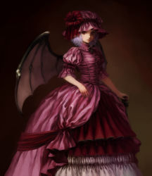 Rule 34 | 1girl, adapted costume, bat wings, blue hair, cane, curly hair, dress, egawa satsuki, embellished costume, female focus, frills, gathers, hat, highres, lace, light purple hair, lips, portrait, red eyes, remilia scarlet, shadow, short hair, slit pupils, solo, standing, touhou, vampire, wings