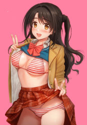 Rule 34 | 1girl, bikini, bikini under clothes, black hair, blazer, blush, bow, bowtie, breasts, brown eyes, cardigan, cardigan lift, clothes lift, collared shirt, commentary request, double v, half updo, highres, idolmaster, idolmaster cinderella girls, jacket, large breasts, lifting own clothes, long hair, long sleeves, looking at viewer, one side up, open clothes, open jacket, open mouth, pink background, plaid, plaid skirt, pleated skirt, reco (fortunequest), red bow, red bowtie, red skirt, school uniform, shimamura uzuki, shirt, shirt lift, simple background, skirt, skirt lift, smile, solo, standing, striped bikini, striped clothes, swimsuit, v, white shirt