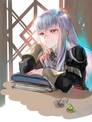 Rule 34 | 1girl, book, candy, commentary request, epaulettes, fire emblem, fire emblem: three houses, food, garreg mach monastery uniform, hand on own chin, highres, indoors, juliet sleeves, lips, long hair, long sleeves, looking away, lysithea von ordelia, nintendo, pink eyes, puffy sleeves, sidelocks, signature, sitting, solo, suzuki rika, table, uniform, upper body, white hair, window