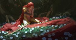 Rule 34 | 1girl, absurdly long hair, armor, blade, breasts, chinahou, cleavage, closed eyes, elden ring, falling petals, flower, gold armor, grass, highres, holding own arm, katana, long hair, malenia blade of miquella, malenia goddess of rot, nude, petals, plant roots, prosthesis, prosthetic arm, prosthetic leg, red hair, sitting, sword, very long hair, weapon
