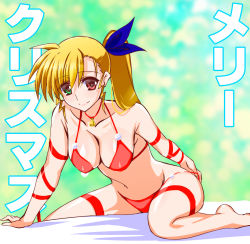 Rule 34 | 1girl, adjusting clothes, adjusting swimsuit, arm ribbon, arm support, asymmetrical bangs, text background, barefoot, bed sheet, bell, bikini, blonde hair, blue ribbon, breasts, christmas, cleavage, closed mouth, commentary request, engo (aquawatery), female focus, green eyes, hair ribbon, halterneck, heterochromia, japanese text, leaning forward, long hair, looking at viewer, lyrical nanoha, mahou shoujo lyrical nanoha vivid, medium breasts, merry christmas, navel, neck bell, on bed, partial commentary, red bikini, red eyes, red ribbon, ribbon, side ponytail, sitting, smile, solo, swimsuit, thigh strap, translated, vivio, wariza