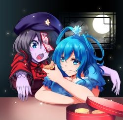 Rule 34 | 2girls, beret, black hair, blue eyes, blue hair, blush, breast rest, breasts, cake, cleavage, eating, closed eyes, feeding, floral print, food, full moon, hair ornament, hair rings, hair stick, hat, highres, jiangshi, kaku seiga, koissa, large breasts, light particles, looking at another, miyako yoshika, mole, mole under eye, moon, mooncake, multiple girls, night, ofuda, open mouth, outstretched arms, pale skin, pastry box, puffy short sleeves, puffy sleeves, sharp teeth, short hair, short sleeves, smile, star (symbol), teeth, touhou, upper body, zombie pose