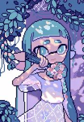 Rule 34 | 1girl, aqua eyes, aqua hair, bouquet, closed mouth, commentary request, dress, flower, highres, holding, holding bouquet, inkling, inkling girl, inkling player character, leaf, long hair, nintendo, pixel art, plant, smile, solo, splatoon (series), squid ikaaa, tentacle hair, thick eyebrows, white dress