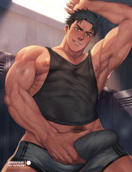 Rule 34 | 1boy, akitaru oubi, arkapami, bara, bare pectorals, black tank top, bulge, covered abs, cropped legs, en&#039;en no shouboutai, erection, erection under clothes, facial hair, grey boxers, grey male underwear, highres, large pectorals, male focus, male masturbation, male pubic hair, male underwear, masturbation, muscular, nipple slip, nipples, pectorals, pubic hair, short hair, sideburns, solo, stubble, sweat, tank top, thick thighs, thighs, underwear